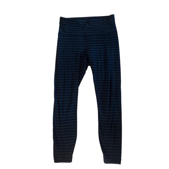 Women S Athleta Salutation 7/8 Tight Powervita Navy Stripe Cropped Leggings Pant - Picture 1 of 5